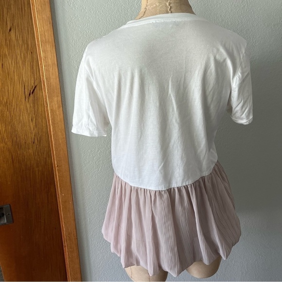 ZARA sz S White Short Sleeve Tee Light Pink Peplum Ruffle Bottom Frill - Picture 4 of 9